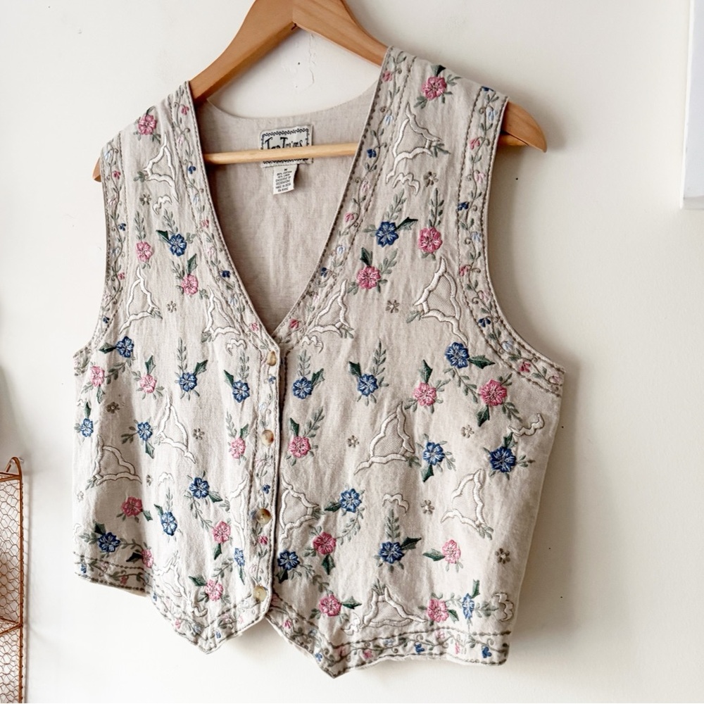 Vintage Cottagecore Floral Embroidered Cotton Linen Folk Vest Boho 90s Revival M - Picture 3 of 13